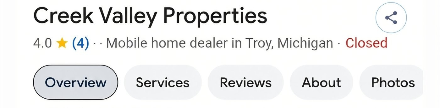 Google listing for Creek Valley Properties: 4.0 stars from 4 reviews, mobile home dealer in Troy, Michigan